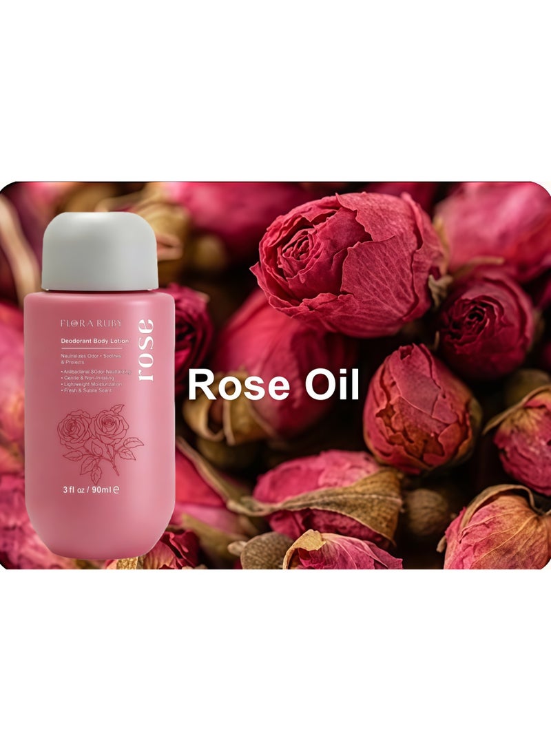 Flora Ruby لوشن الجسم المرطب برائحة الورد من فلورا روبي: 90 مل، غني برائحة الورد، يدوم طويلاً، يمنع الجفاف والتشقق، عبوة واحدة لترطيب اليدين والجسم - Image 2